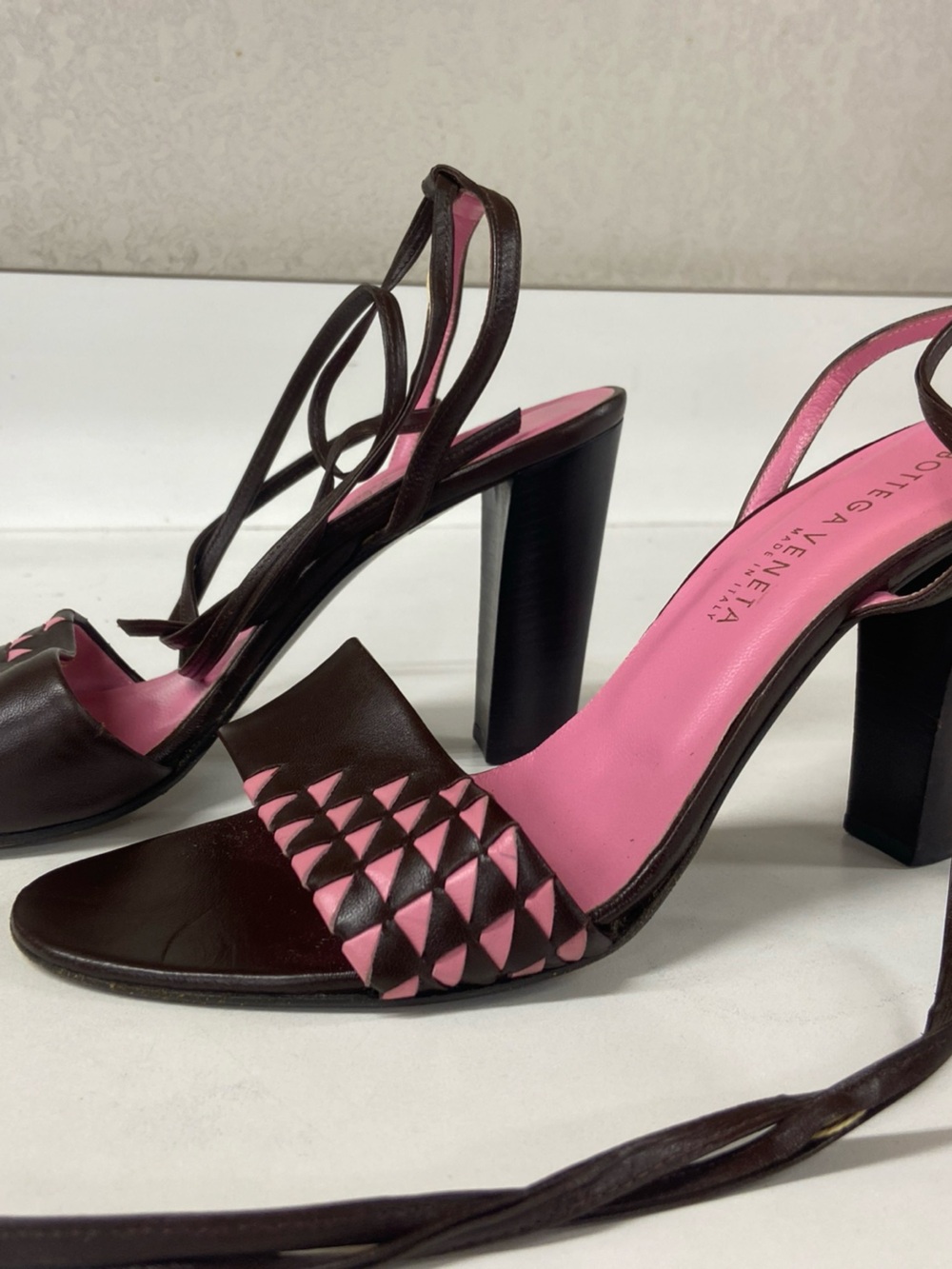 Bottega Veneta Pink Insole Brown Leather Slingback Heels